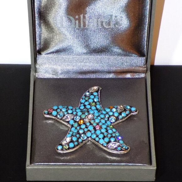 New Dillard's Starfish Statement Brooch  Openwork Turquoise Beads & Crystals - Picture 3 of 7
